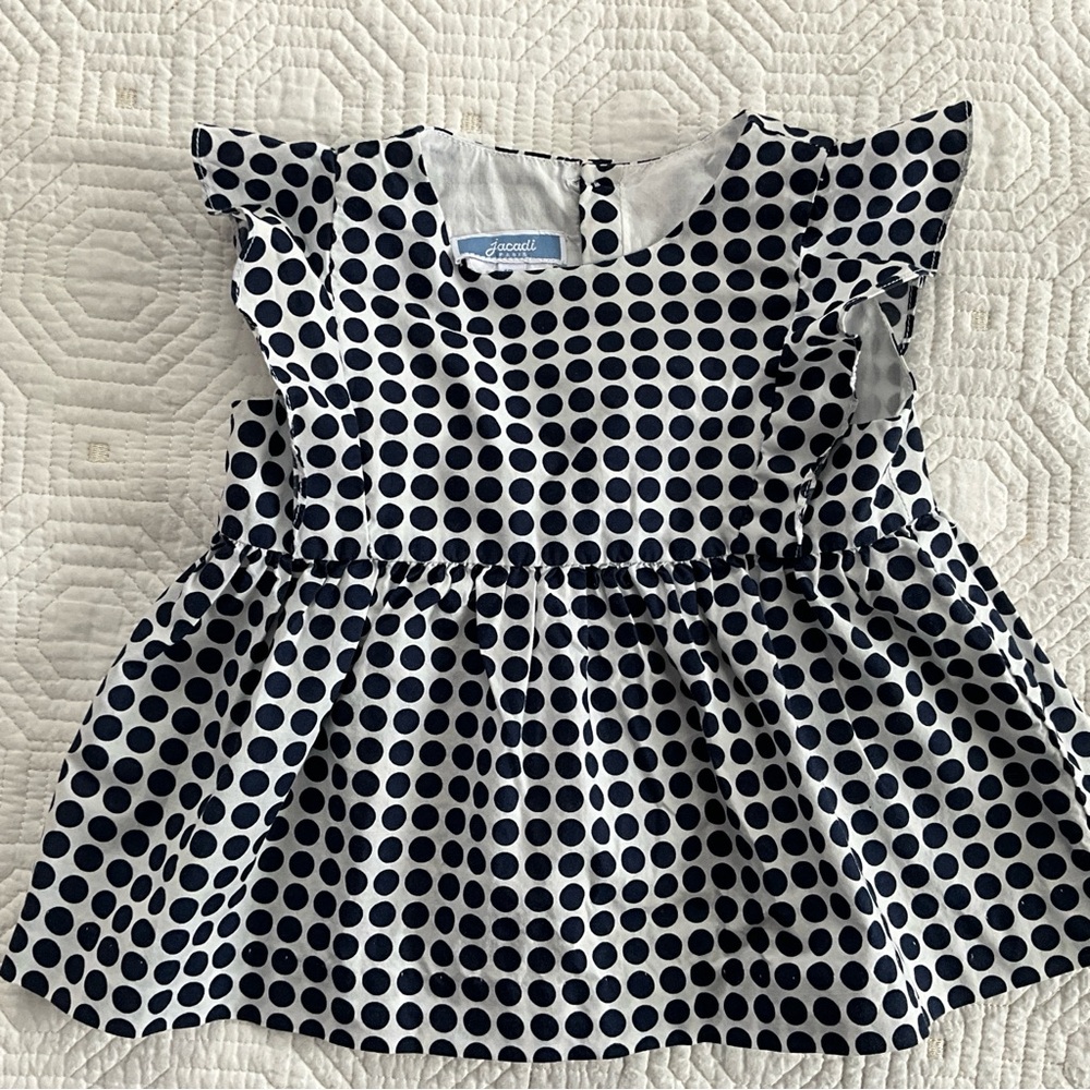 Jacadi Paris Baby Girl Navy White Polka Dot Dress Size 12M